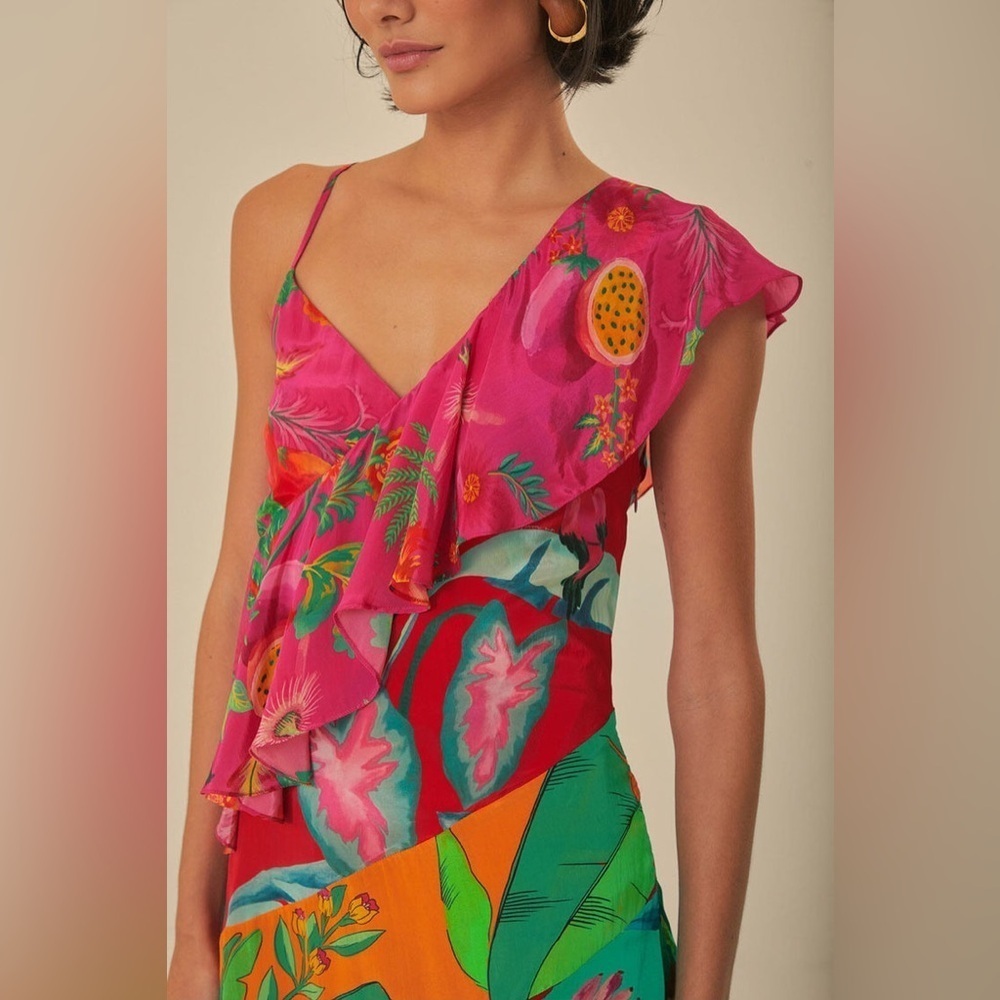 FARM Rio Mixed Flowery Ruffle One Shoulder Midi Dress Size M - Picture 11 of 16